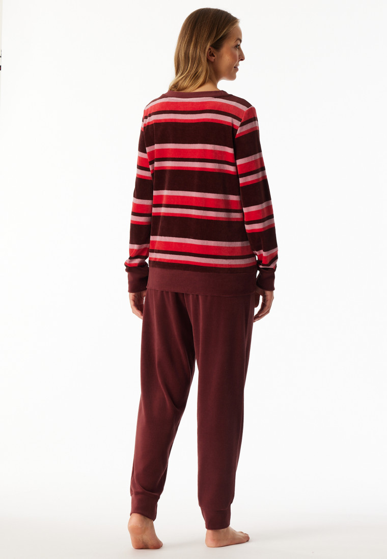 Lange pyjama van velours manchetten streepjes wijnrood - Comfort Nightwear