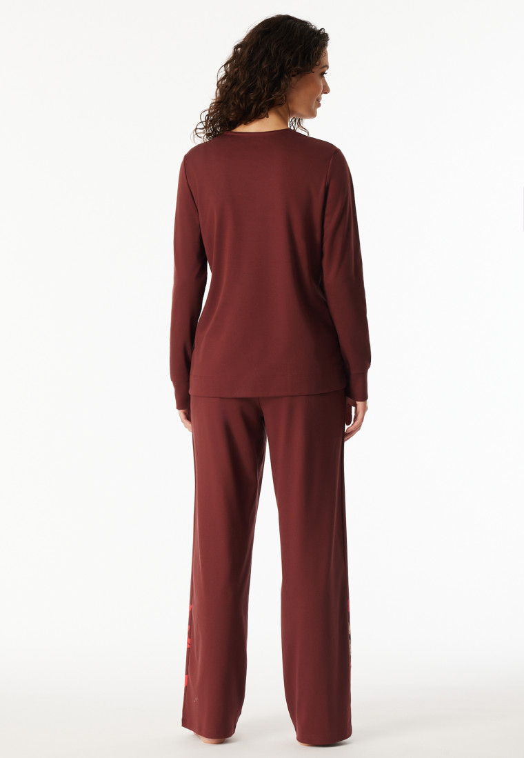 Schlafanzug lang Interlock V-Ausschnitt Blumen burgund - Comfort Interlock