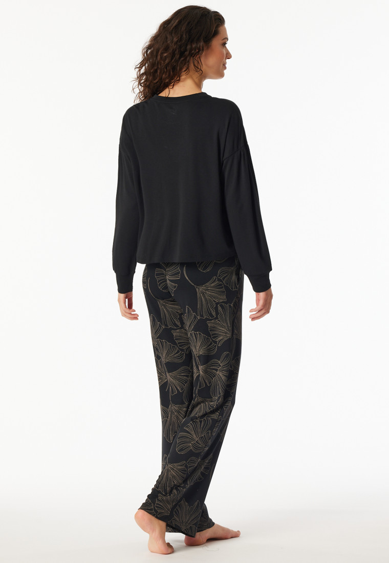 Schlafanzug lang Interlock Ginkgo schwarz - Modern Nightwear