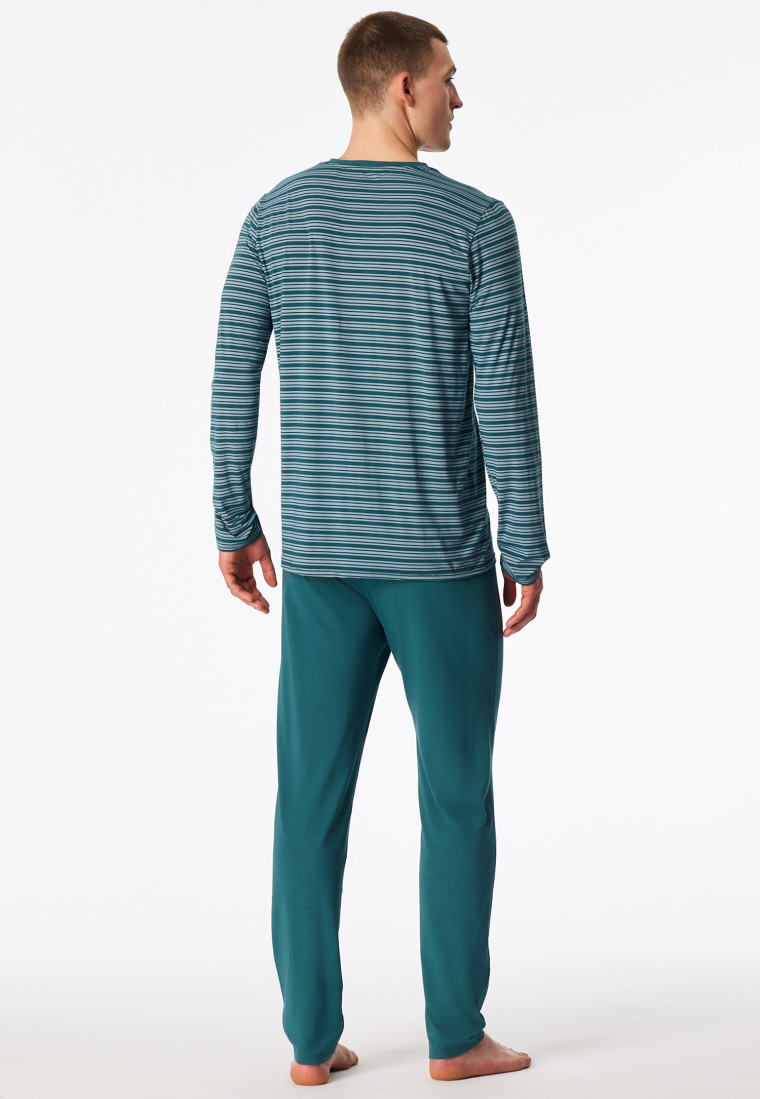 Schlafanzug lang V-Ausschnitt Ringel grün - Long Life Soft