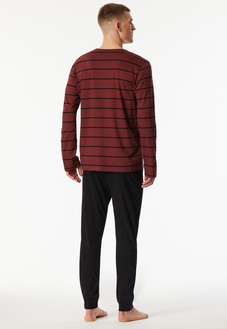 Schlafanzug lang Ringel Knopfleiste burgund - Casual Nightwear