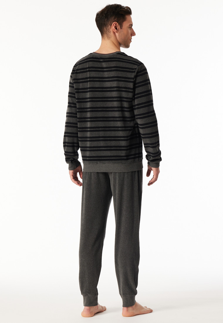 Schlafanzug lang Frottee Bündchen Ringel dunkelgrau meliert - Casual Nightwear