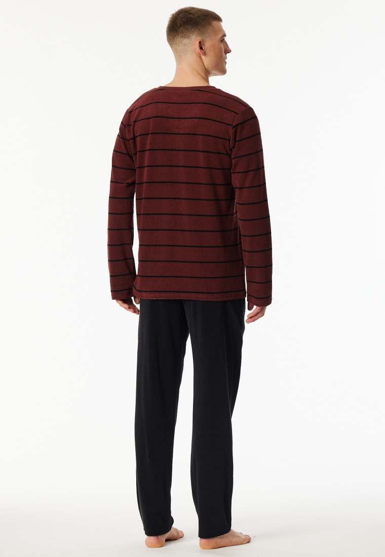Schlafanzug lang Frottee V-Ausschnitt Ringel burgund - Casual Nightwear