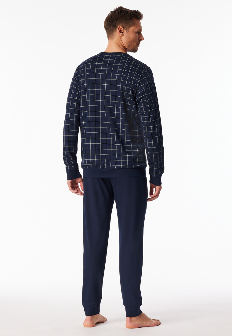 Lange pyjama manchetten nachtblauw geruit - Fine Interlock
