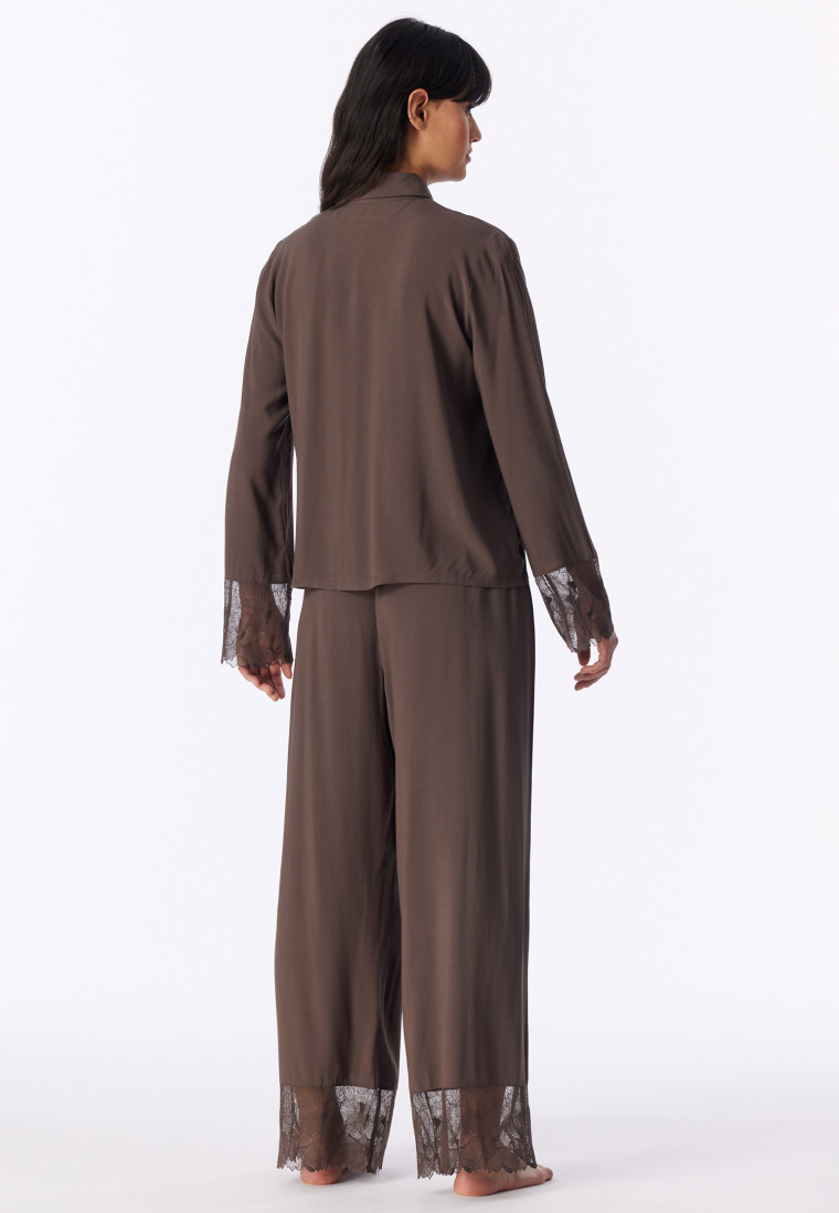 Pigiama lungo in tessuto a trama, con pizzo, marrone scuro - Modern Lace
