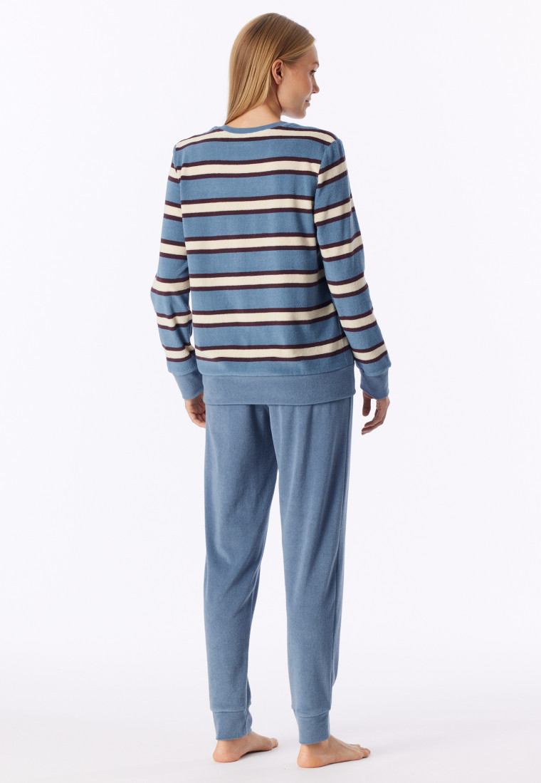 Long Pyjamas in Terry Towelling with Ribbed Cuffs, Stripes, Grey-Blue - Casual Essentials