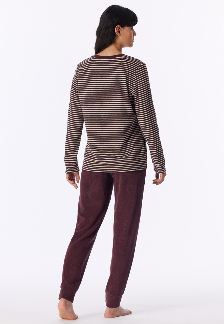 Schlafanzug lang Frottee Bündchen Ringel kakobraun - Casual Essentials