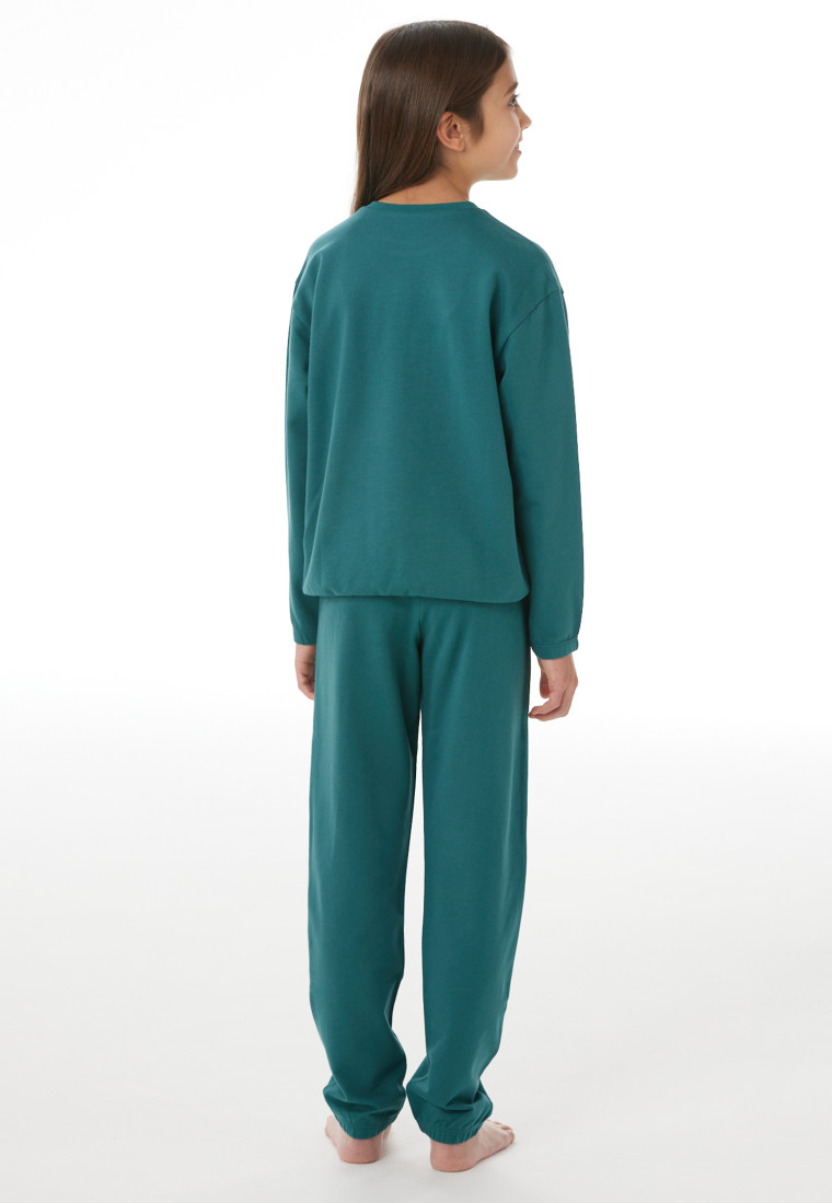Lange pyjama van sweatshirtstof met manchetten, diepzeegroen - Nightwear