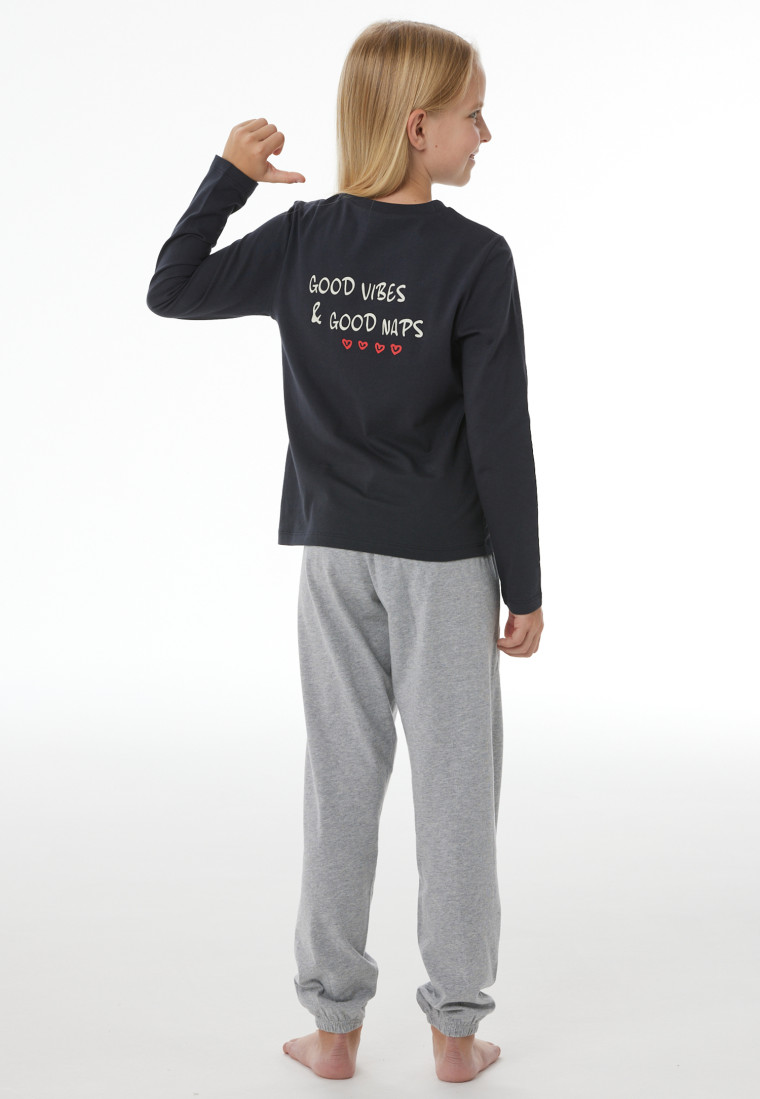 Pyjama long à poignets avec petits curs, bleu marine - Nightwear