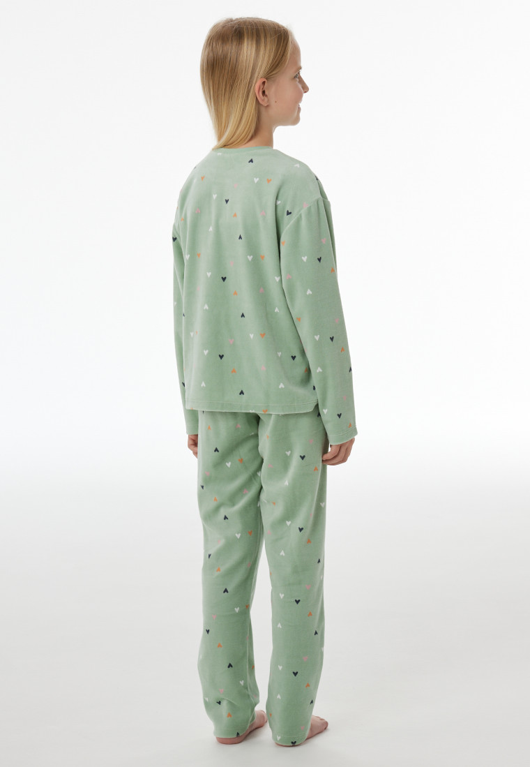 Schlafanzug lang Velour Herzchen pastellgrün - Nightwear
