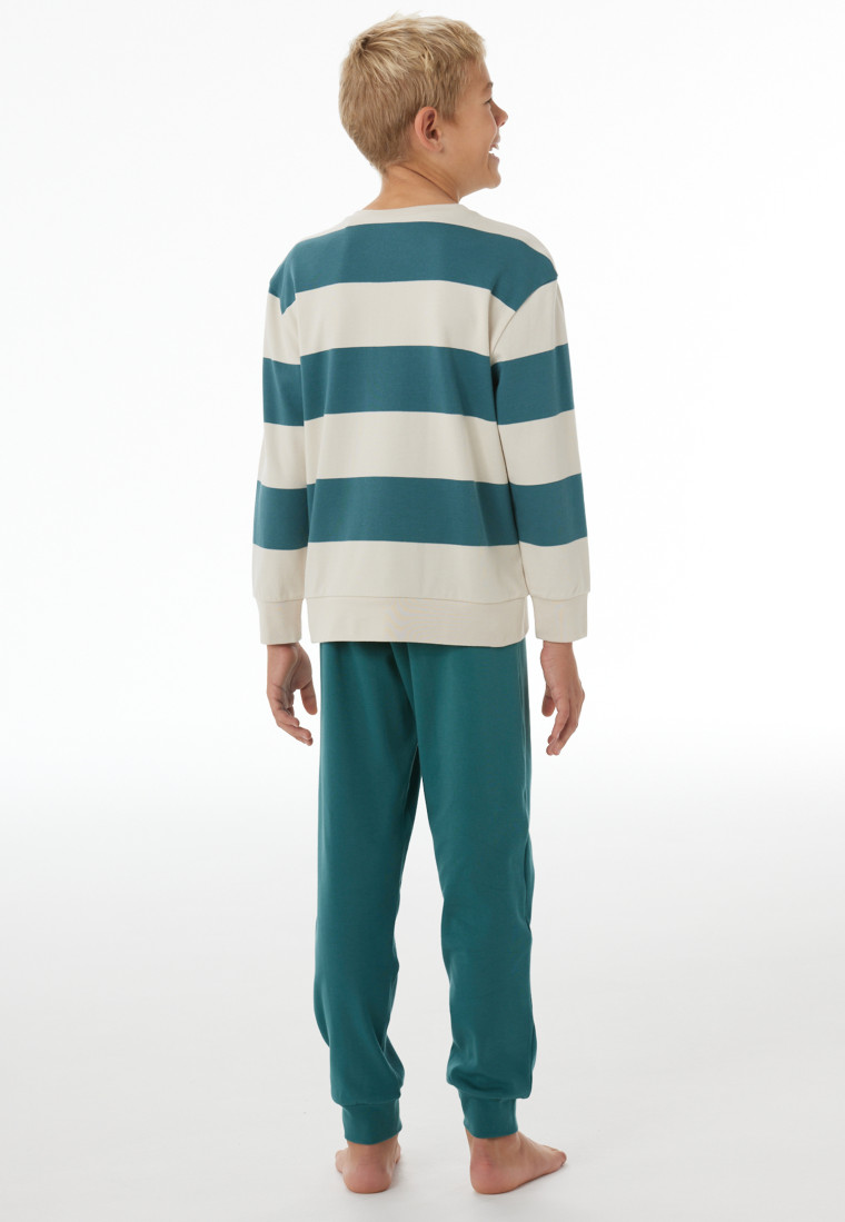 Schlafanzug lang Interlock Bündchen Ringel tiefseegrün - Nightwear