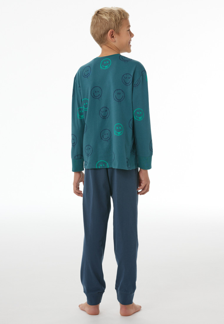 Schlafanzug lang Bündchen Smiley tiefseegrün - Nightwear