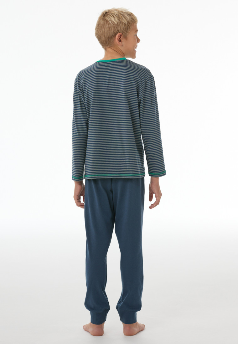 Schlafanzug lang Bündchen Ringel salbei - Nightwear