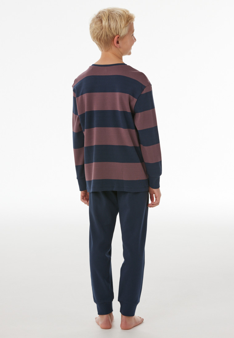 Lange pyjama van interlock met streepjes aan de manchetten, cacaobruin - Nightwear
