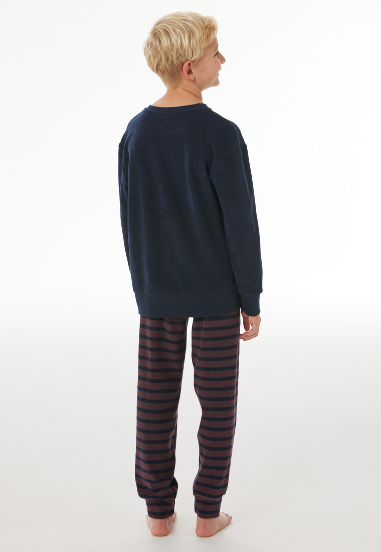 Schlafanzug lang Frottee Bündchen Ringel nachtblau - Nightwear