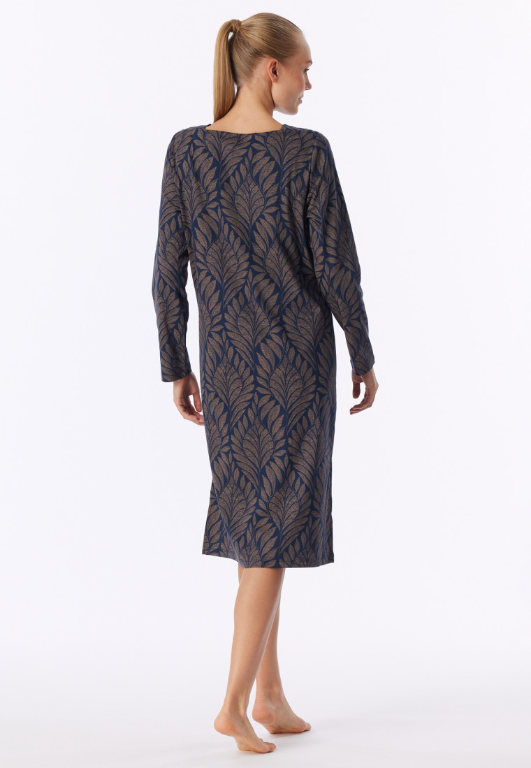 Long-Sleeve Interlock Nightshirt with Boat Neckline, Deep Sea Blue Patterned - Interlock