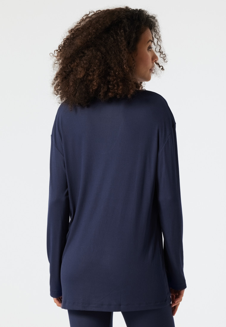 T-shirt long à manches longues large nervure modal encolure en V bleu foncé - Mix+Relax