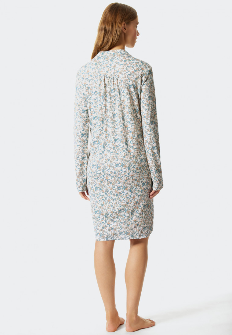Nachthemd met lange mouwen interlock knoopsluiting bloemenprint lichtblauw - Feminine Floral Comfort Fit