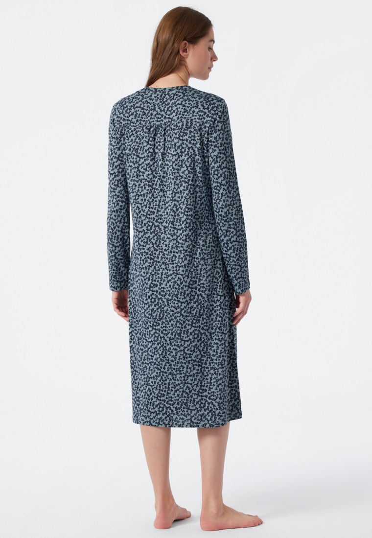 Long-sleeved sleep shirt interlock lapel collar button placket floral print dark blue - Classic Comfort Fit