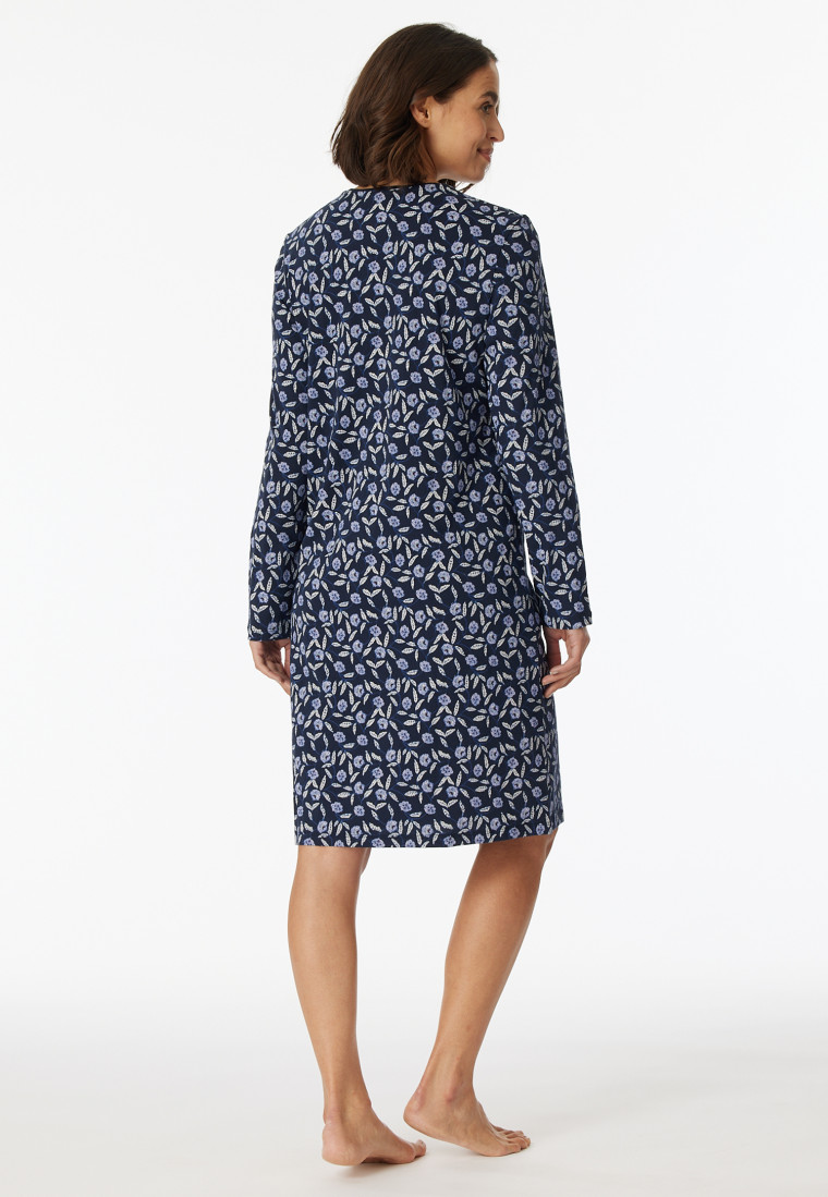 Nachthemd lange mouwen biologisch katoen knoopsluiting bloemenprint nachtblauw - Comfort Nightwear