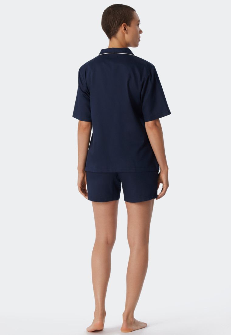 Pajamas short cotton woven satin button placket piping dark blue - selected! premium inspiration