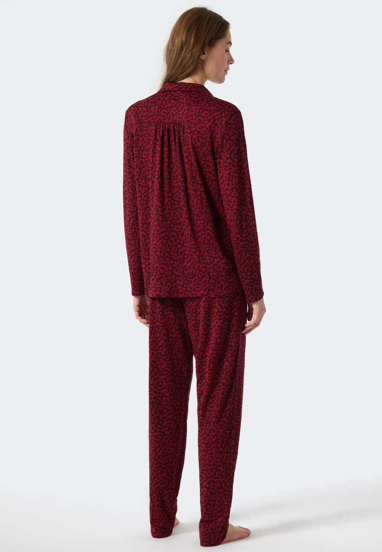 Pajamas long interlock lapel collar button placket floral print burgundy - Classic Comfort Fit