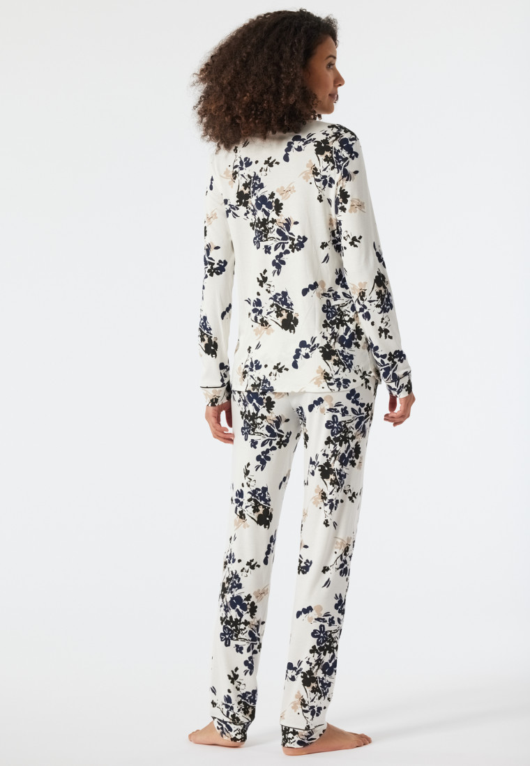 Pyjama long interlock col revers passepoils imprimé fleuri blanc cassé - Contemporary Nightwear