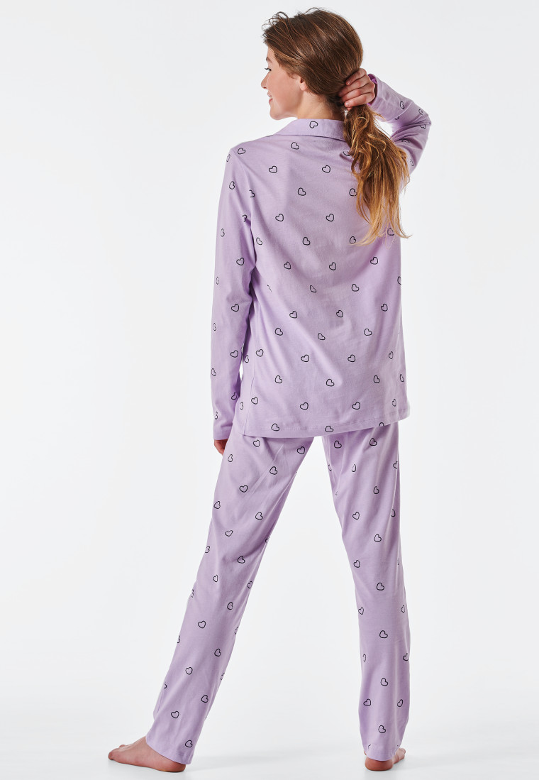 Lange pyjama biologisch katoen knoopsluiting hartjes lila - Pyjama Story