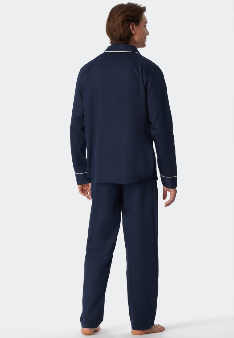 Pyjama long satin tissé patte de boutonnage passepoils bleu foncé - Cotton Satin