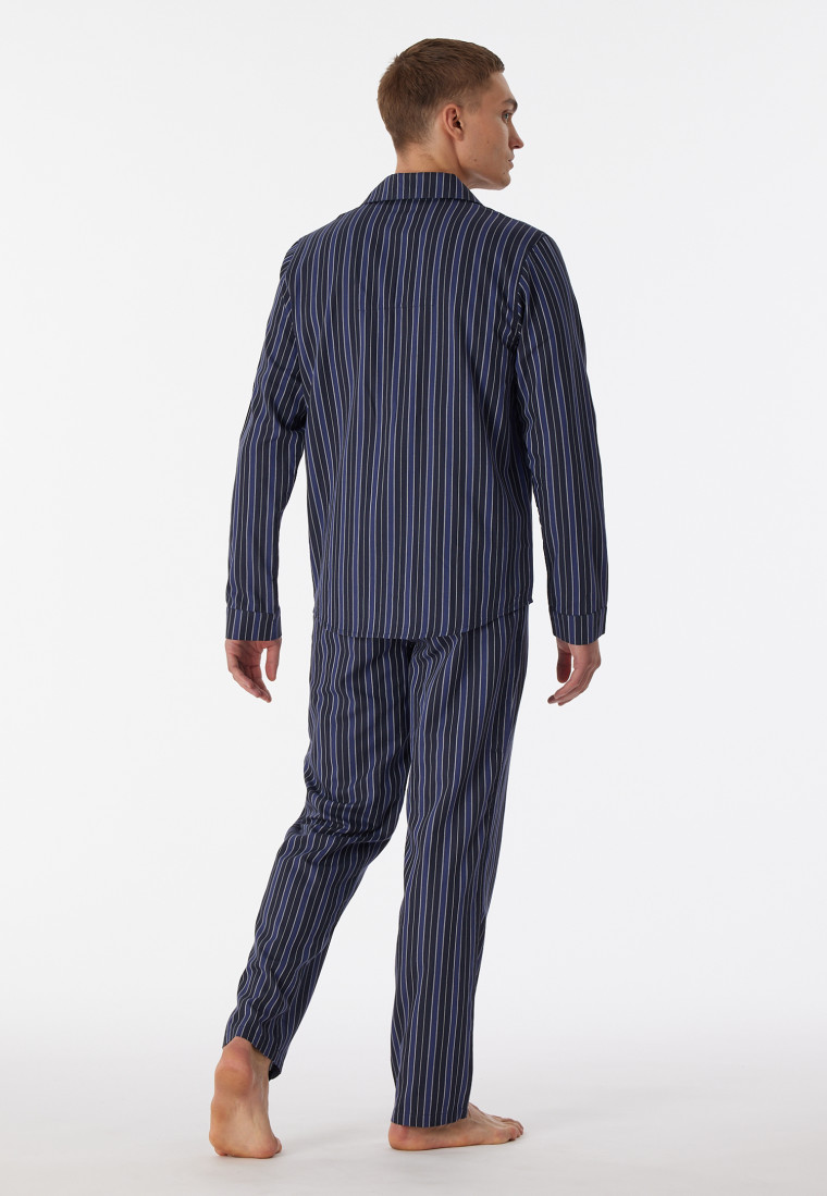 Pyjama lang geweven stof biologisch katoen knoopsluiting, gestreept nachtblauw - selected! premium