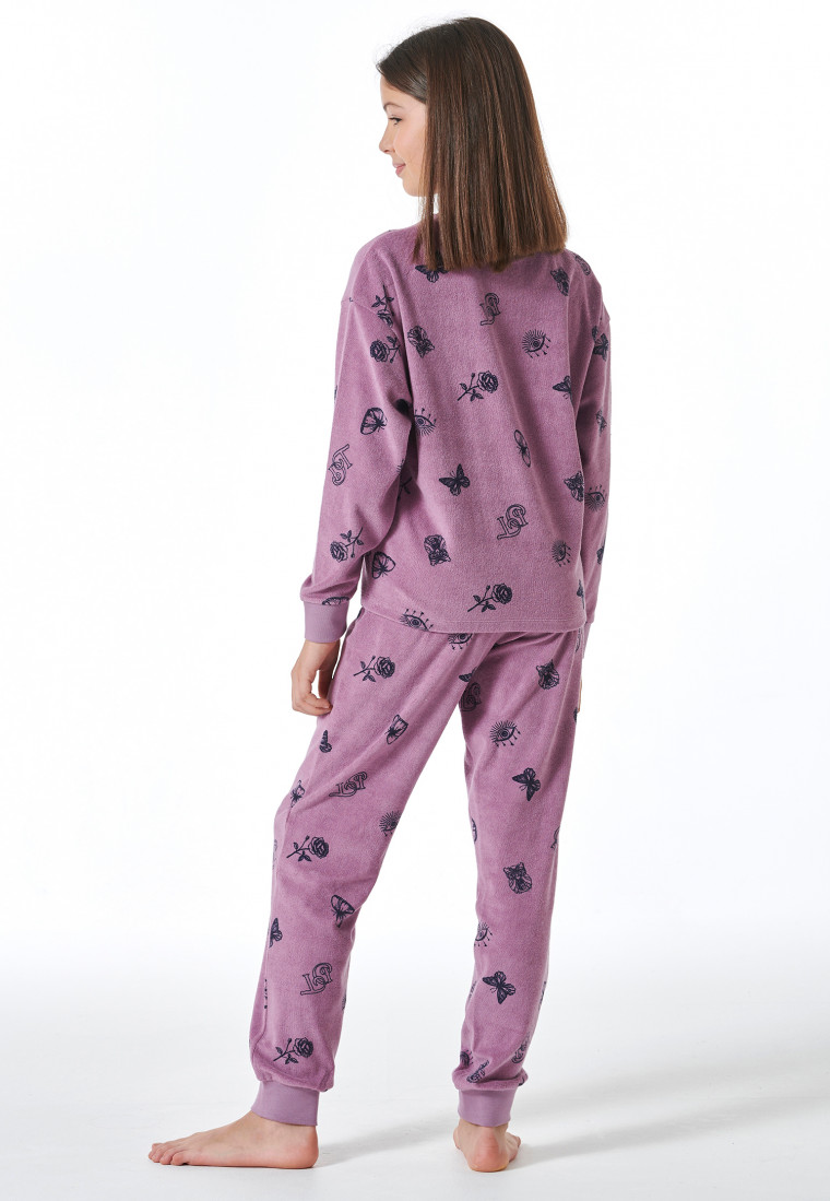 Schlafanzug lang Frottee Bündchen Schmetterlinge mauve - Nightwear
