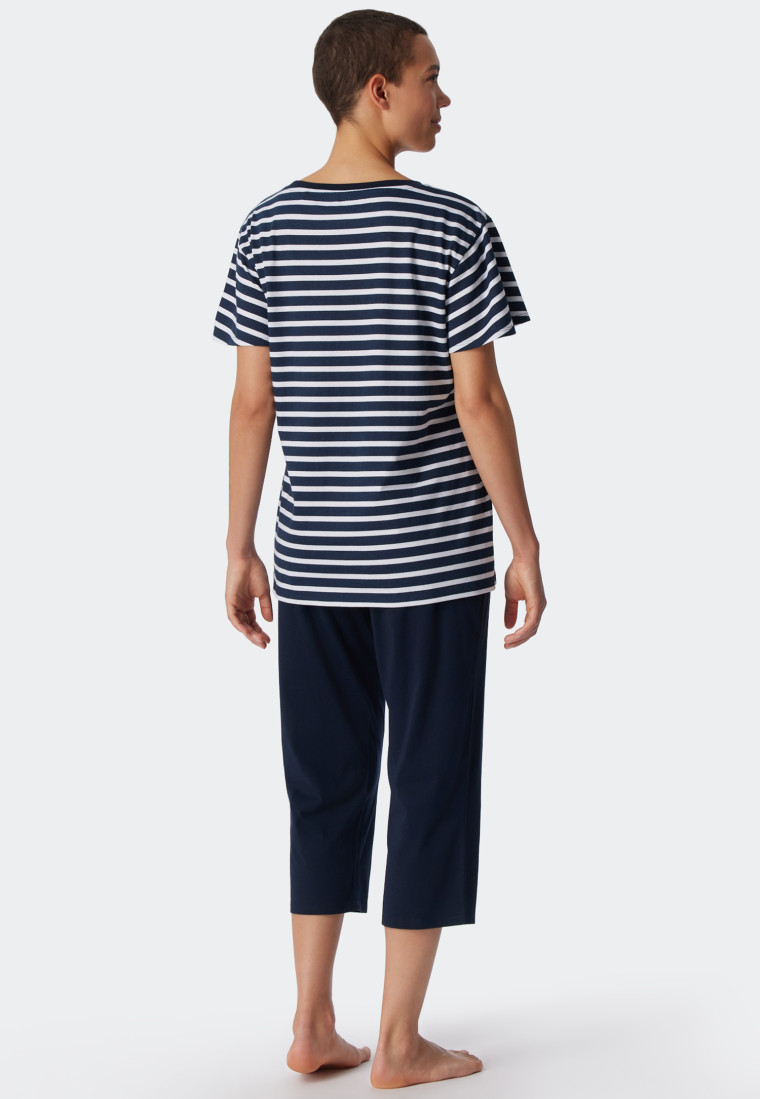 Pyjama 3/4-lengte biologisch katoen Bretonse strepen donkerblauw - Essential Stripes