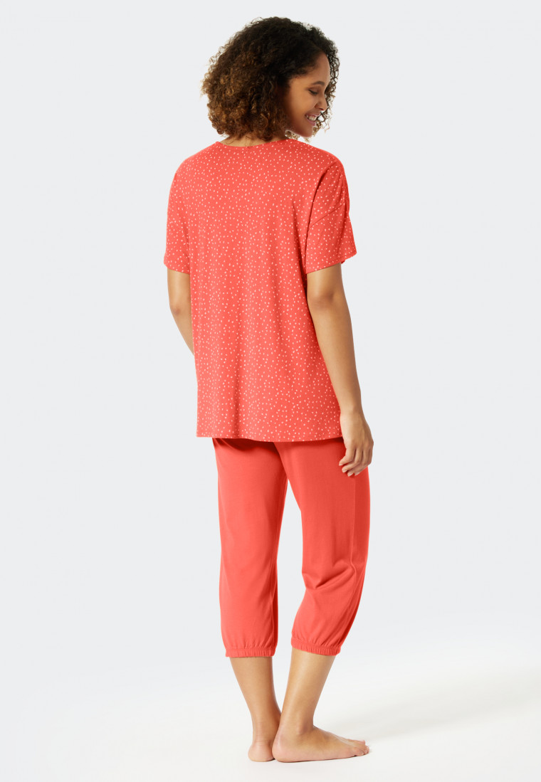 Driekwart pyjama Tencel A-lijn knoopsluiting stippen koraal  Minimal Comfort Fit