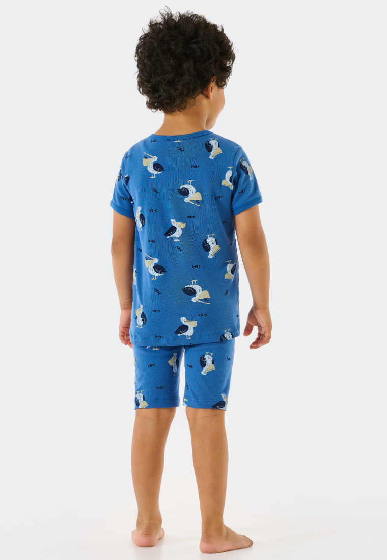 Schlafanzug kurz Feinripp Organic Cotton Pelikane Fische aqua - Natural Love