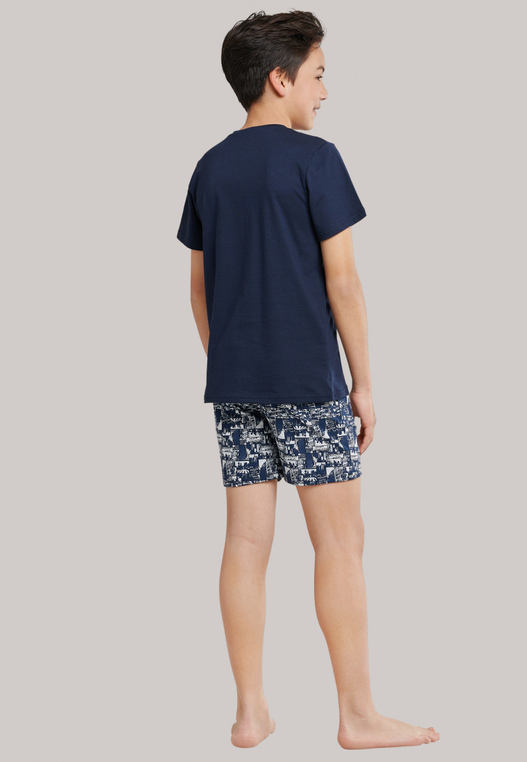 Pyjama court jersey encolure en V bleu nuit motif - City Wanderer