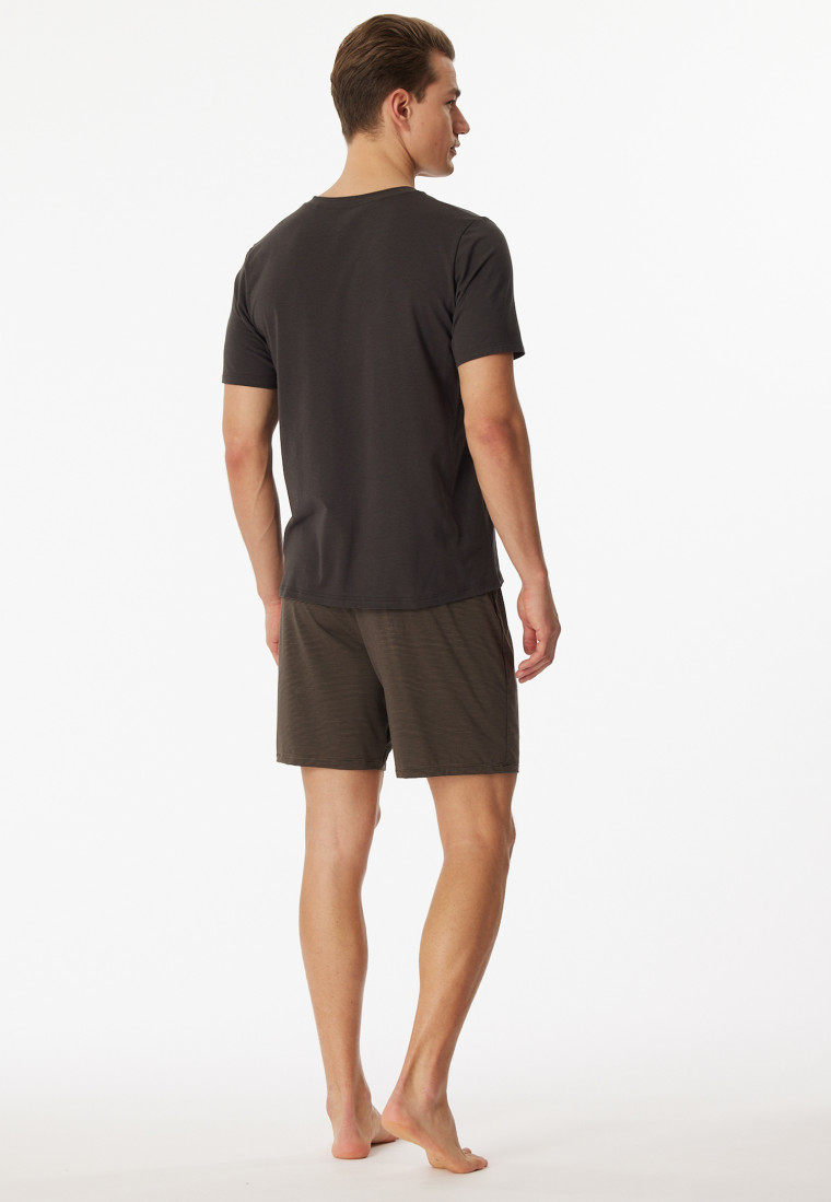 Pigiama corto in modal con scollo a V e motivo a righe, color antracite - Long Life Soft