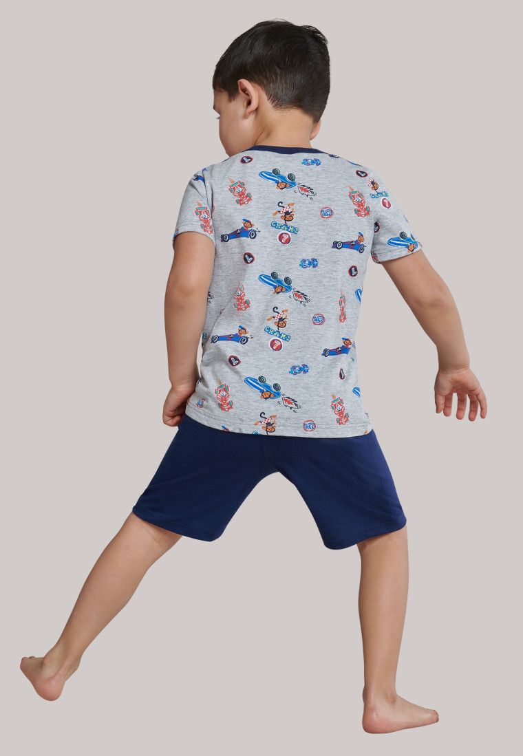 Pyjama court Organic cotton avec singes et voitures de course gris chiné/bleu foncé - Boys World