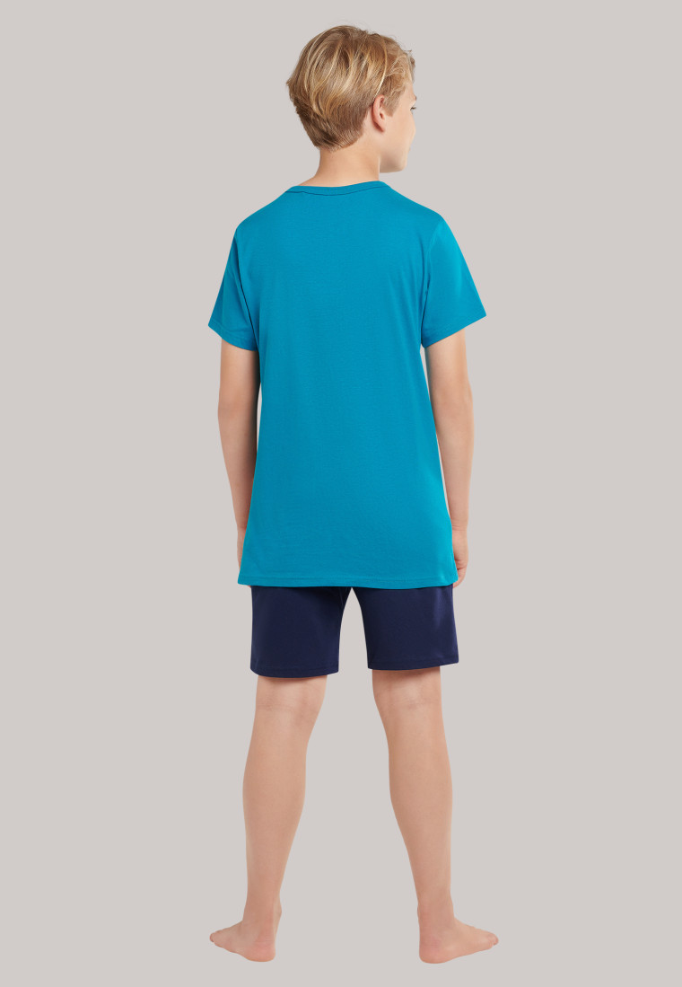 Pigiama corto in cotone organico con motivo a righe larghe e scritta "Beach" di colore verde scuro - Beach Life