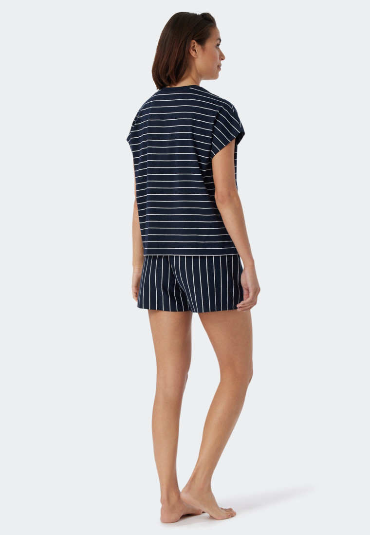 Pyjama kort biologisch katoen strepen donkerblauw - Just Stripes