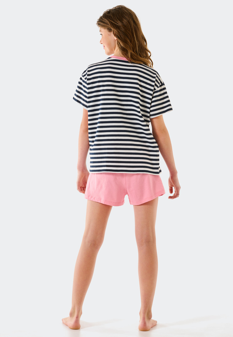 Pyjama kort biologisch katoen strepen hart donkerblauw - Aquatic Flow