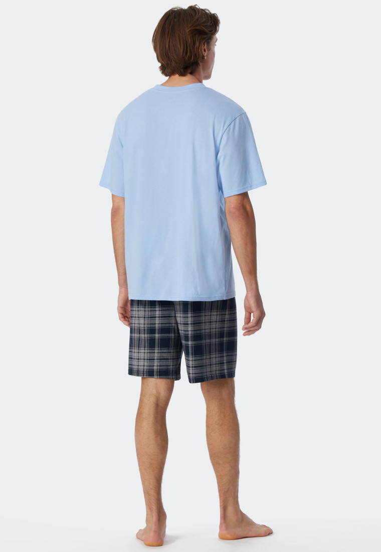 Pyjama kort biologisch katoen V-hals geruit donkerblauw - Comfort Fit