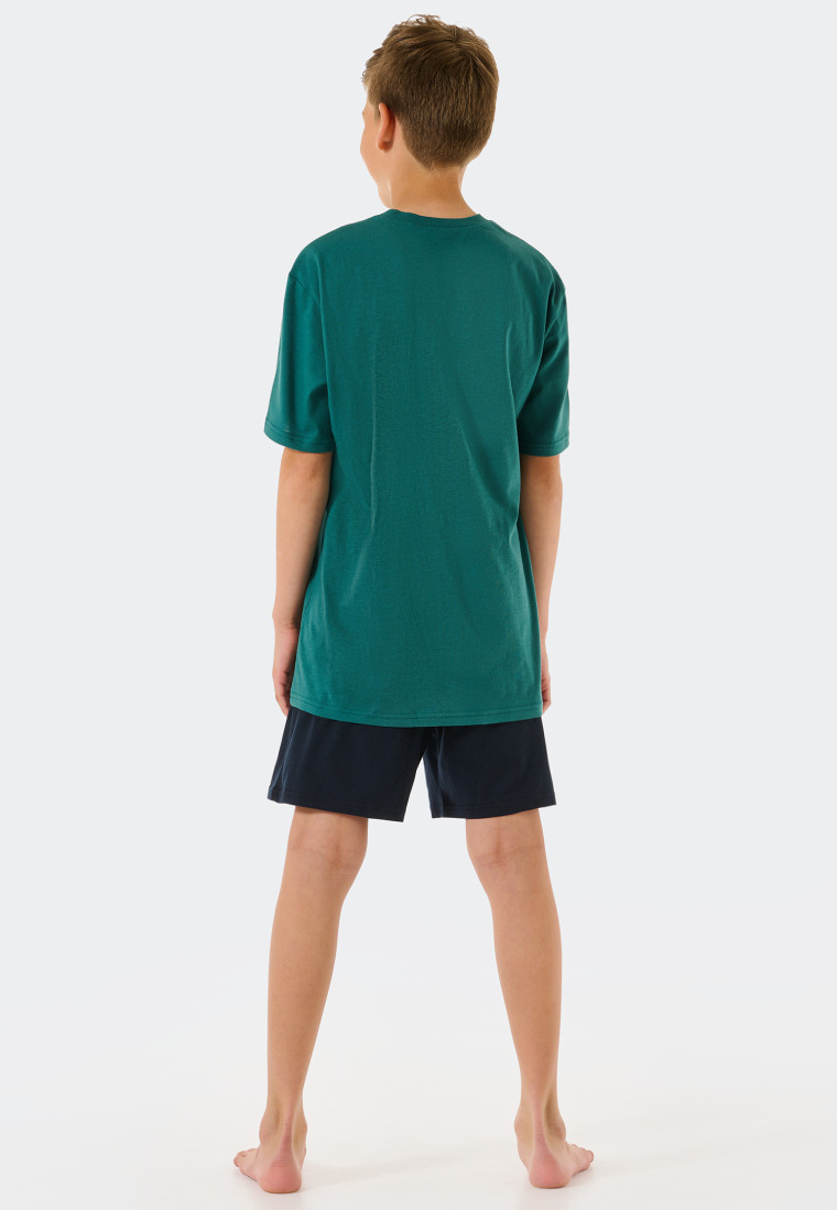 Pigiama corto in cotone biologico con motivo onde, colore verde scuro - Ocean Flow