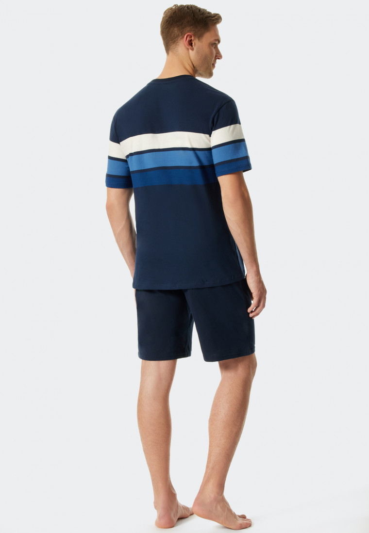 Pyjama court col rond larges rayures bleu foncé/aigue-marine - Fashion Nightwear