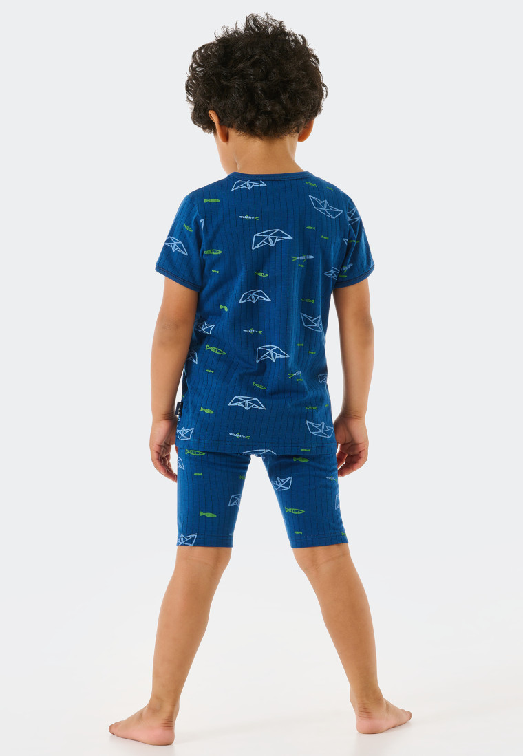 Pajamas short Tencel organic cotton ribbed paper boats fish blue - Rat Henry