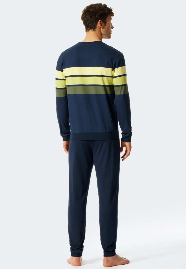 Long pajamas block stripes cuffs dark blue / lime - Fashion Nightwear
