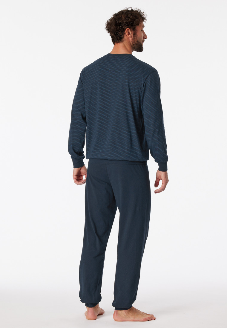 Schlafanzug lang Bündchen Brusttasche nachtblau gemustert - Comfort Essentials