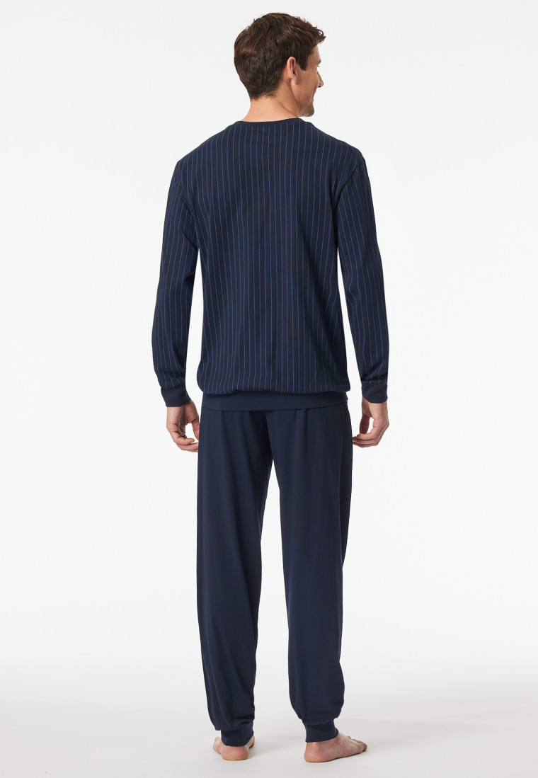 Schlafanzug lang Bündchen Streifen dunkelblau - Comfort Essentials