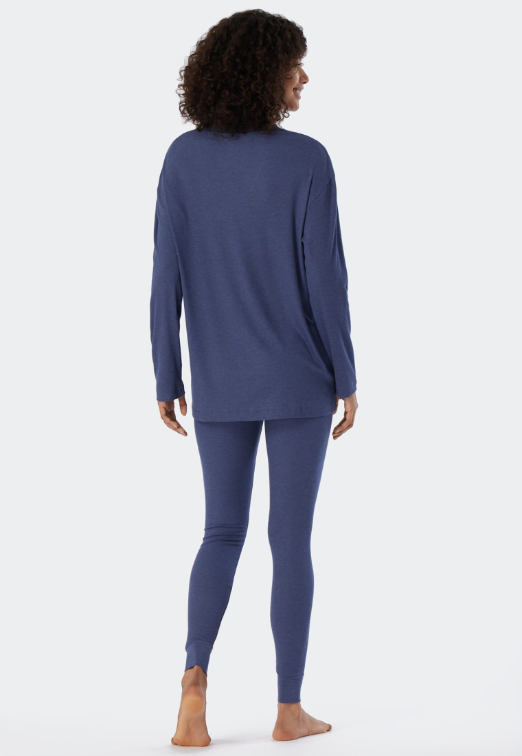 Pajamas long double rib modal V-neck blue - Modern Rib - Natural Dye