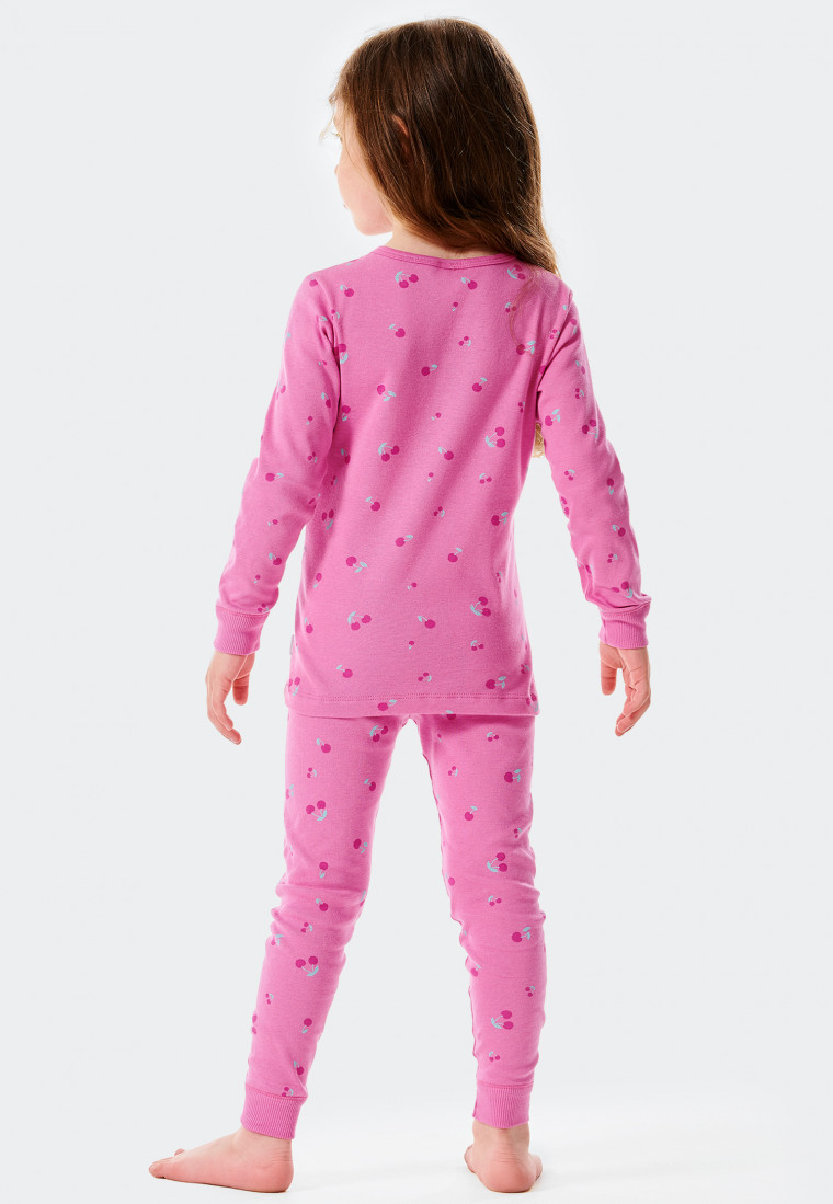Long pajamas fine rib organic cotton cuffs cat cherries pink - Cat Zoe
