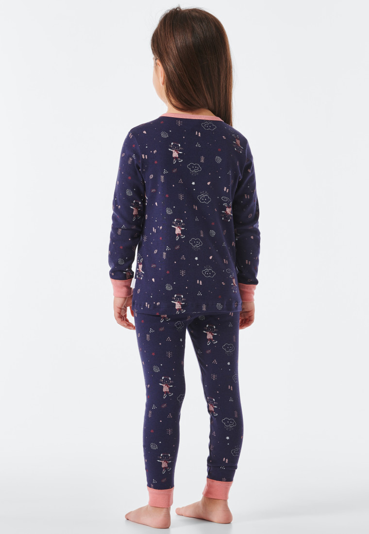 Long pajamas fine rib organic cotton cuffs cat skates dark blue - Cat Zoe